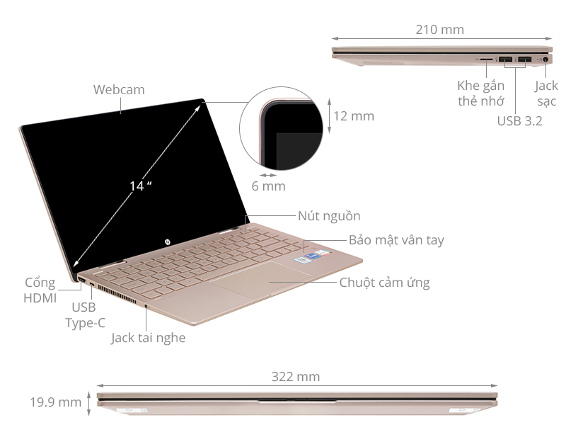 Laptop HP Pavilion X360 14 ek0055TU i7 1255U/16GB/512GB/14&quot;F/Touch/Pen/Win11/(6L293PA)/Vàng - Hàng Chính hãng