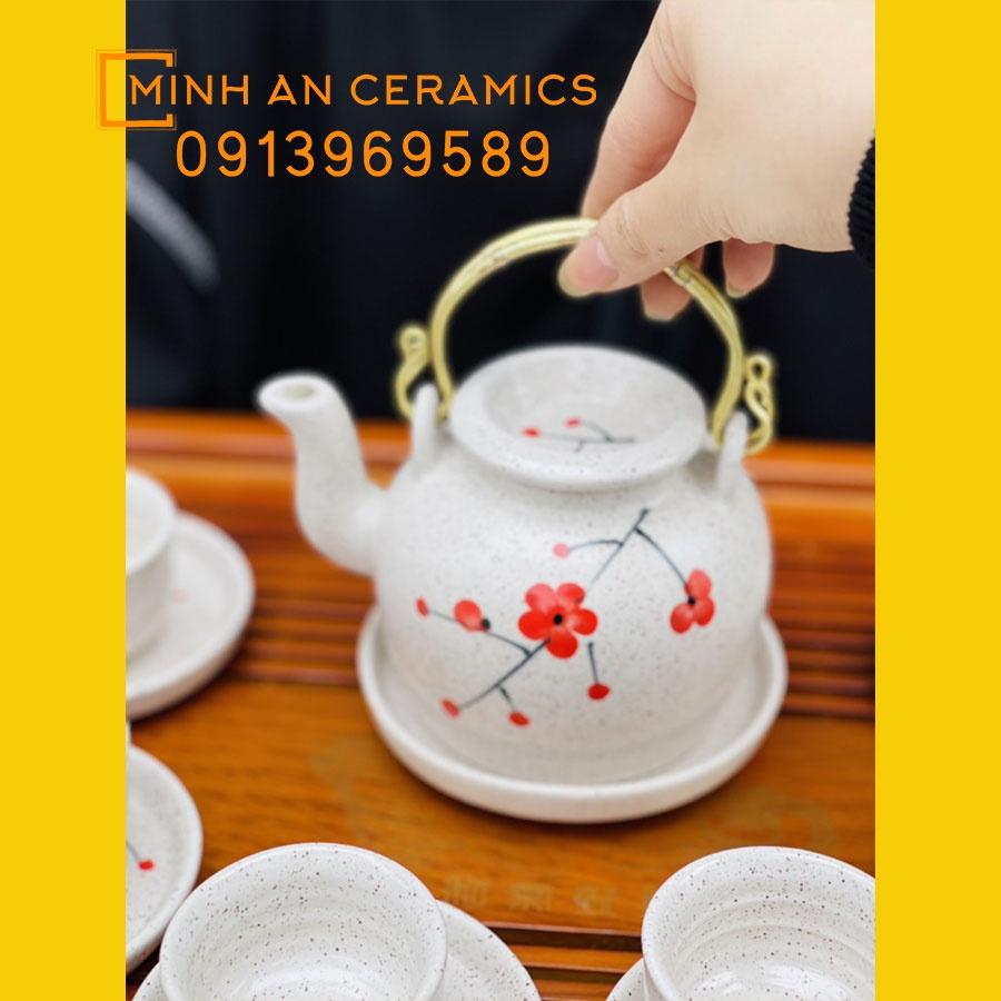 Bộ trà Bát tràng dáng ấm lõm men tiêu vẽ hoa đào đỏ thủ công gốm Minh An Bát Tràng