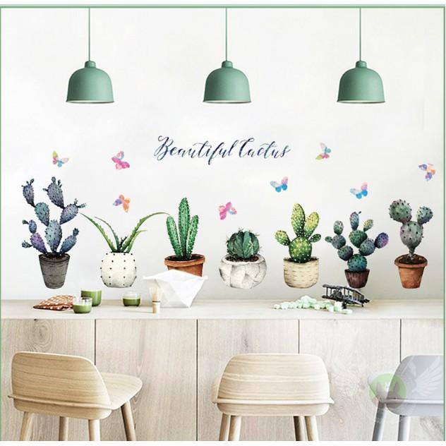 Decal trang trí tường - Nhiều chậu cây Xương Rồng Đậm