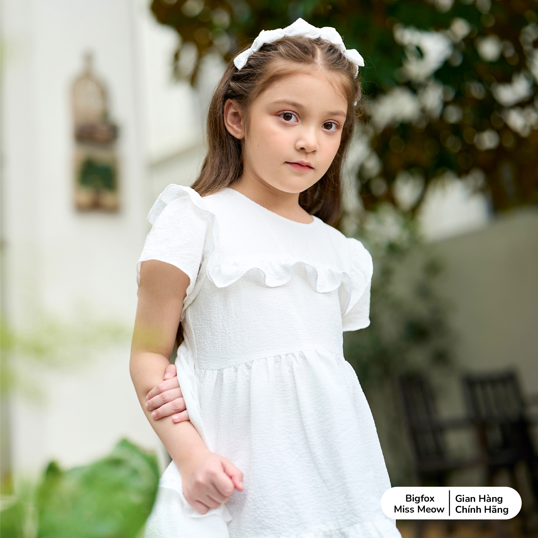 Váy đầm công chúa trắng cho bé gái Bigfox Miss Meow size đại mùa hè vải xốp dáng babydoll tay phồng cỡ 3-11 tuổi