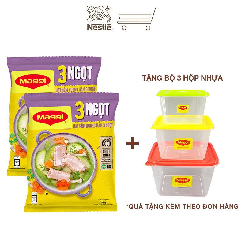 [Tặng bộ 3 hộp nhựa] Combo 2 gói hạt nêm Maggi xương hầm 3 ngọt Heo (Gói 900g)