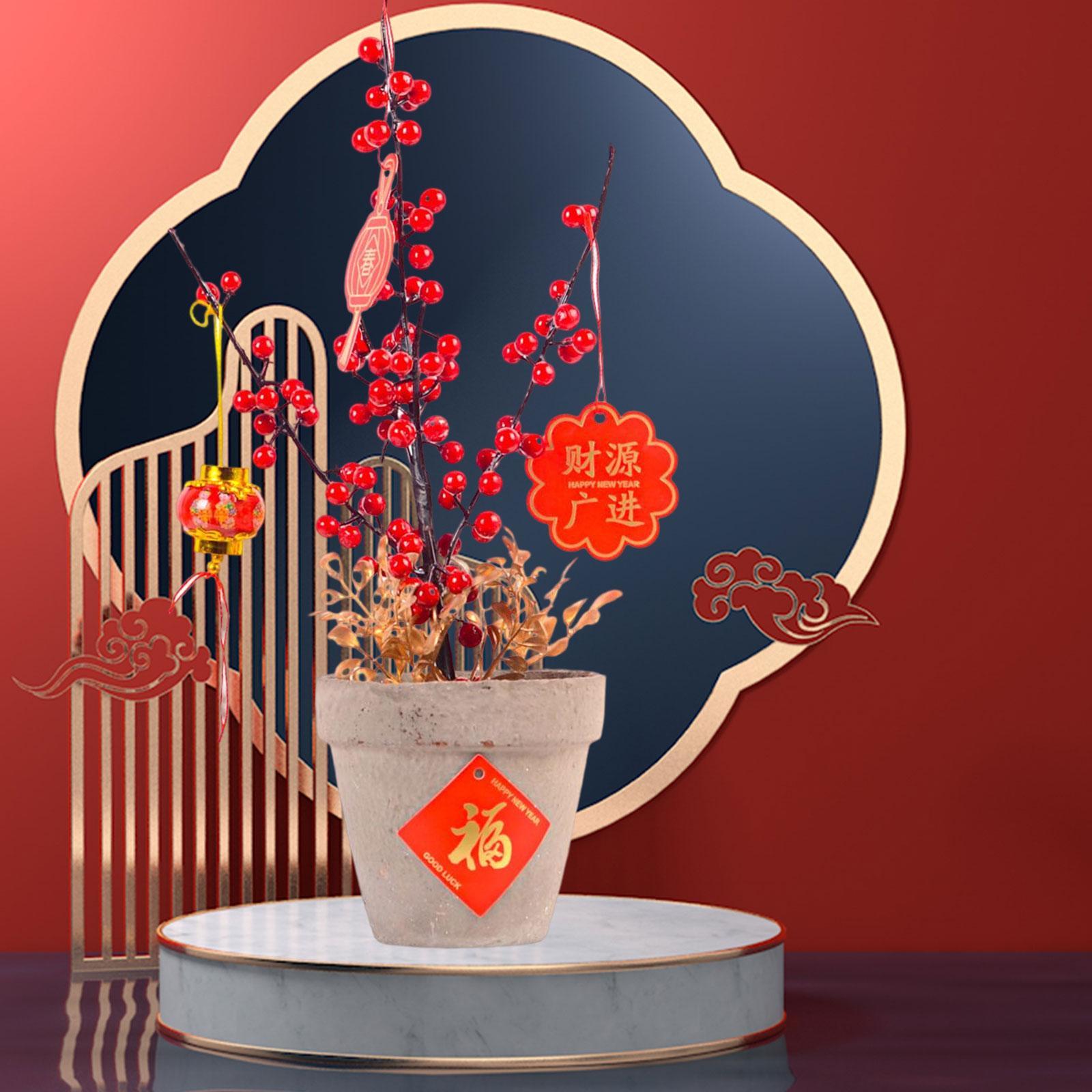 Chinese New Year Ornaments Holiday Desk Bonsai Spring Festival Table Centerpiece Red Lucky Character Pendants for Porch Desk Entryway Office