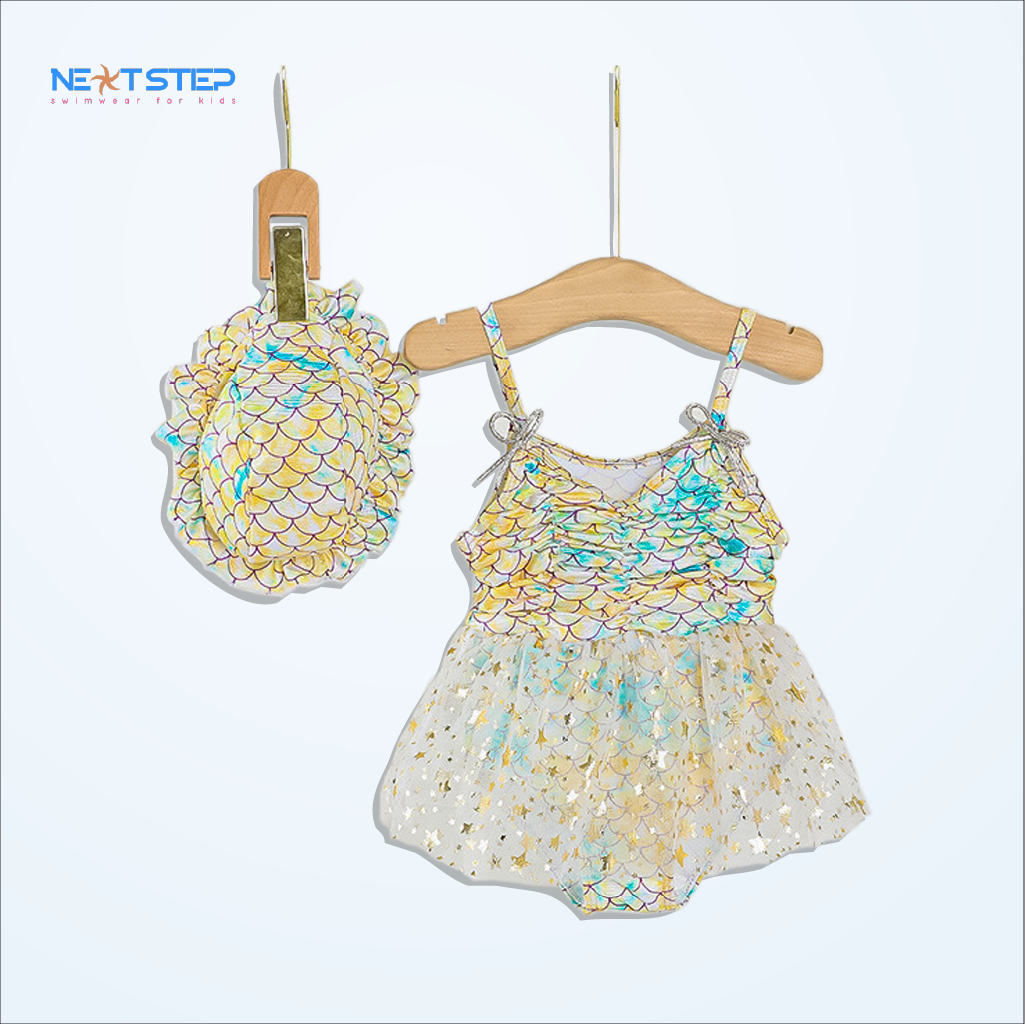 Đồ bơi trẻ em, đồ bơi bé gái, đồ bơi Bikini chân váy ren lưới họa tiết vảy cá siêu xinh