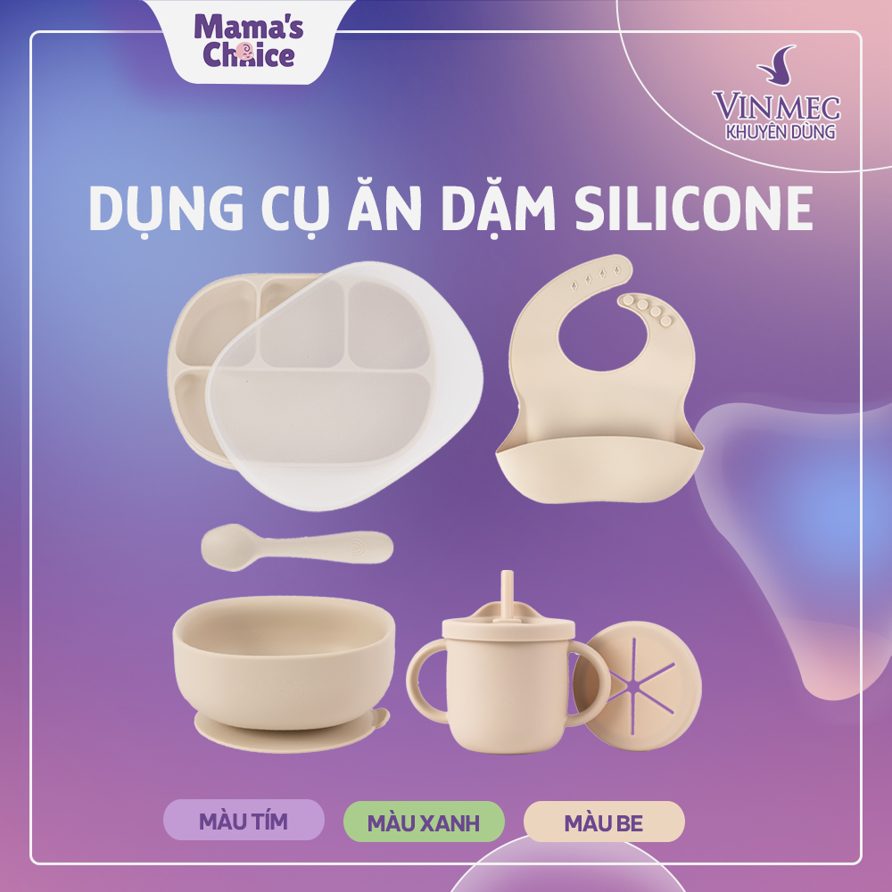 Bộ Ăn Dặm Cho Bé Thương Hiệu Mama's Choice, Combo Ăn Dặm Bát-Khay-Yếm-Thìa-Cốc Silicone Cao Cấp