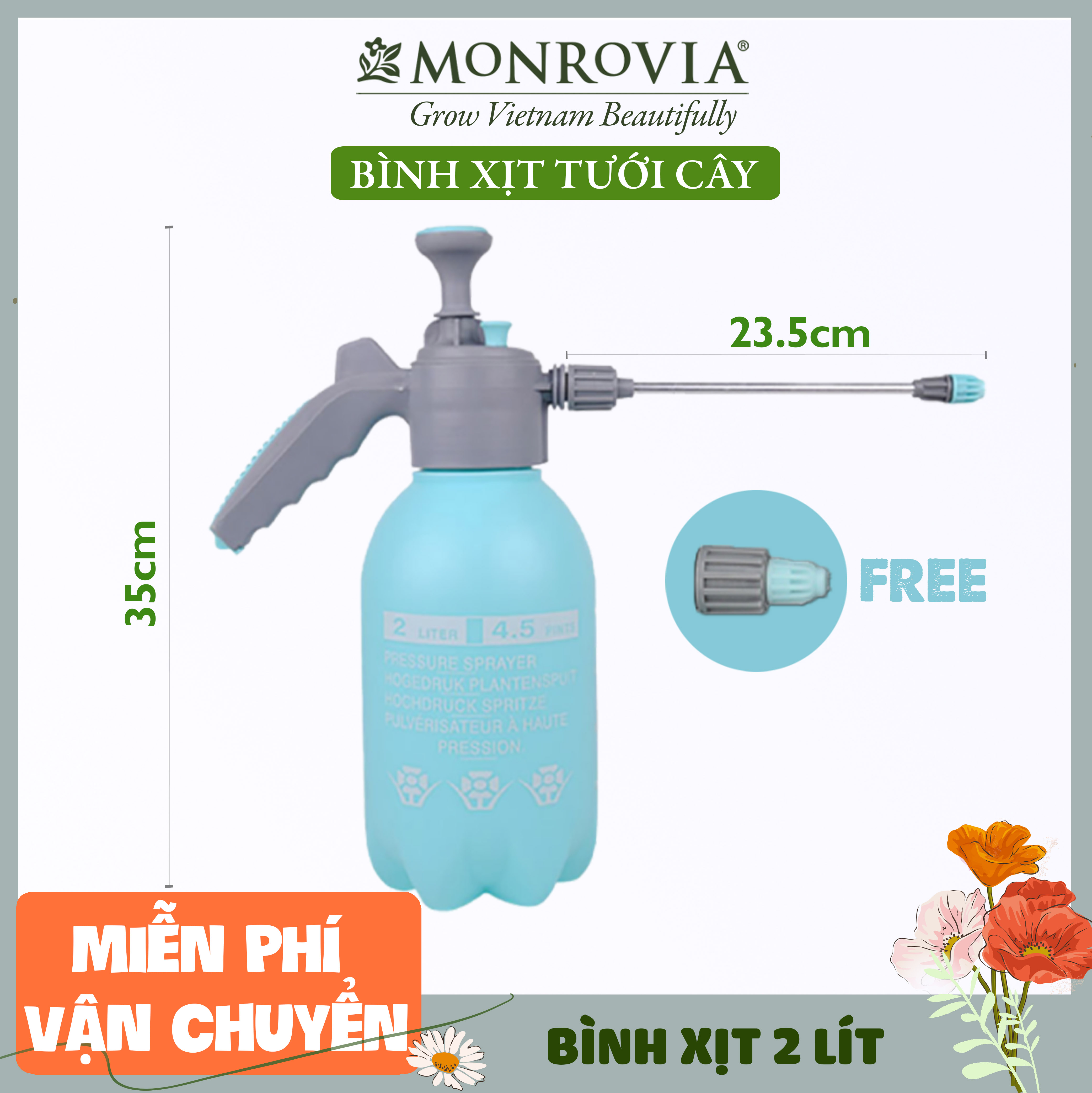 Bình xịt tưới cây MONROVIA 2 lít, phun sương tưới cây cảnh, vòi dài, tặng vòi ngắn, màu xanh, tiêu chuẩn Châu Âu