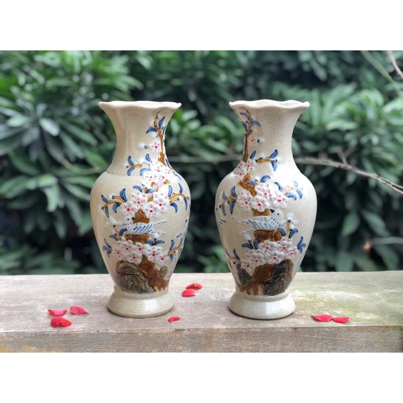 Set 2 lọ lục bình men rạn cổ, họa tiết đắp nổi thủ công"Mai- Đào". Gốm sứ Bát Tràng.