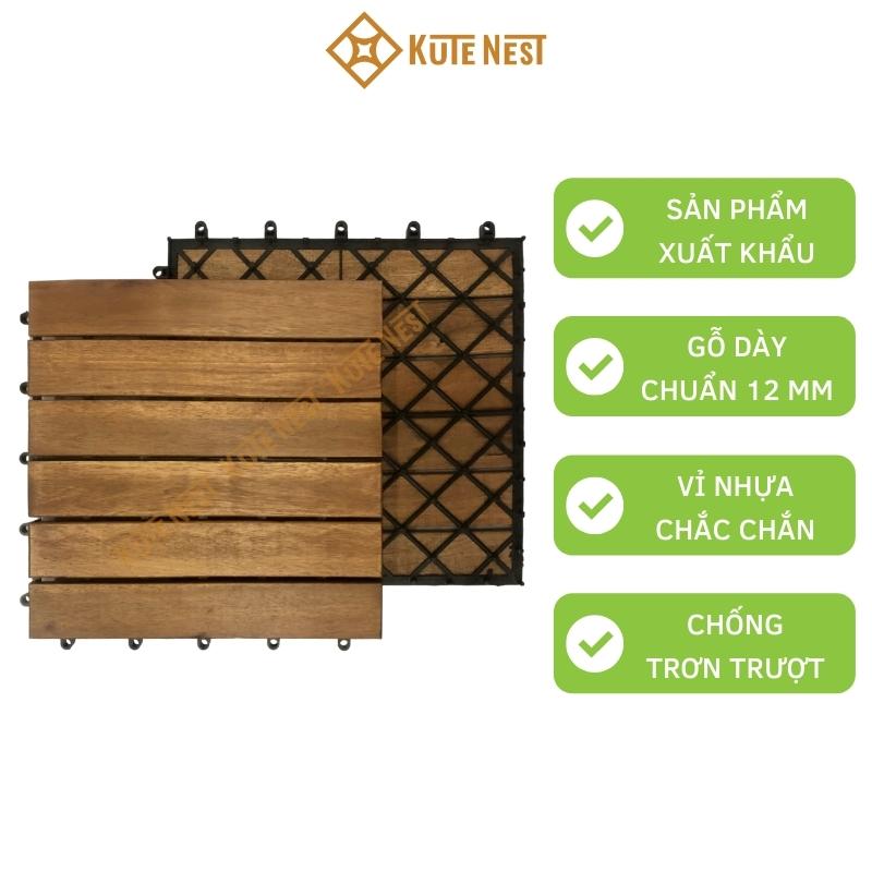 Hộp 6 tấm ván sàn gỗ ban công vỉ nhựa tự lắp ráp, vỉ gỗ lót sàn ban công, sân vườn, hàng xuất khẩu loại 6 nan, KT 30 x 30 x 2.4cm - Kute Nest