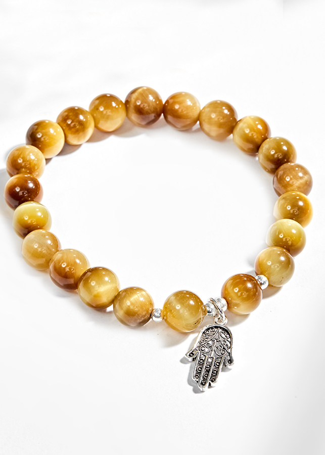 Vòng Tay Đá Mắt Hổ Vàng Tươi Phối Bàn Tay Hamsa Bạc