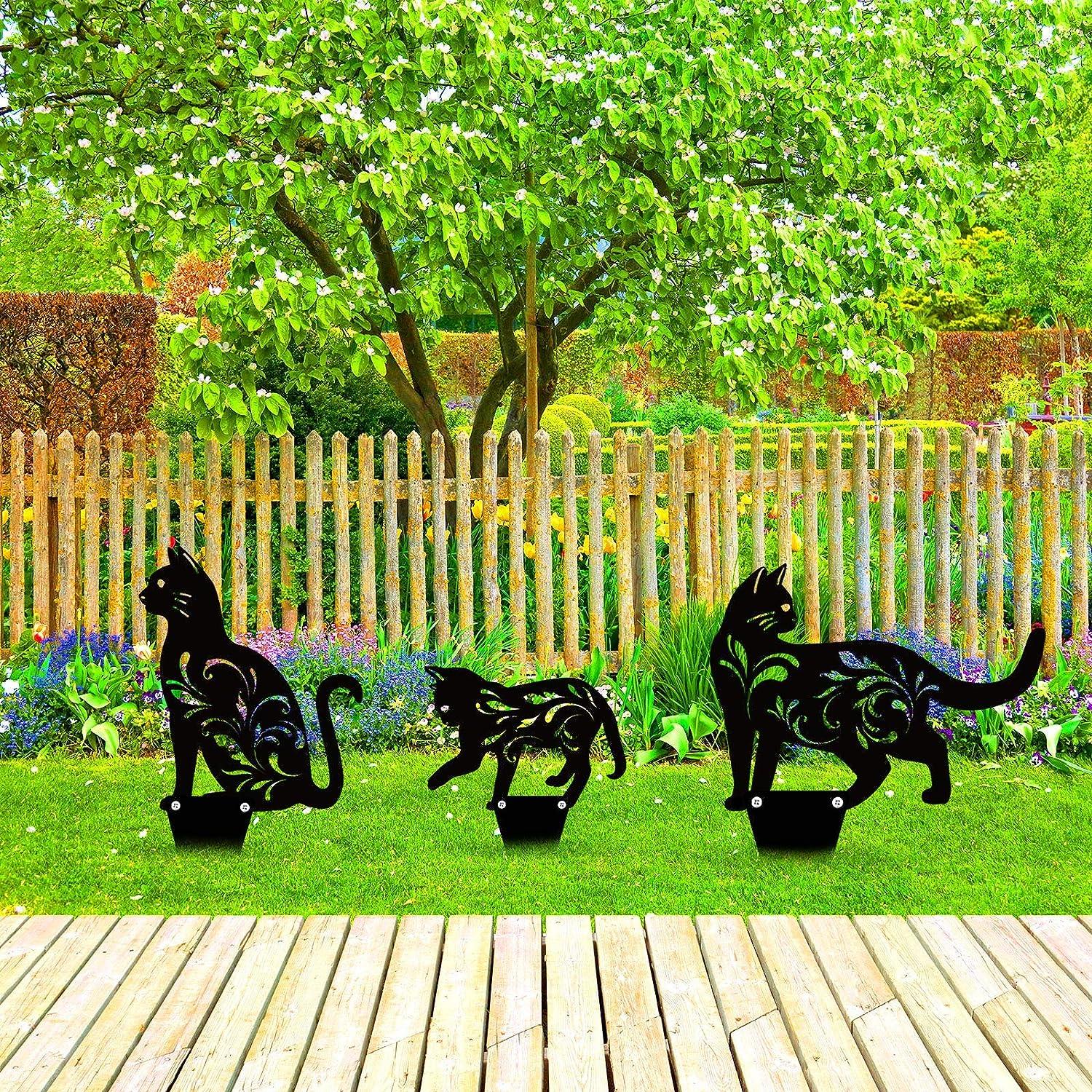 3 gói kim loại mèo vườn bức tượng mèo đen Silhouette mèo trang trí vườn Stakes Vườn ngoài trời bức tượng