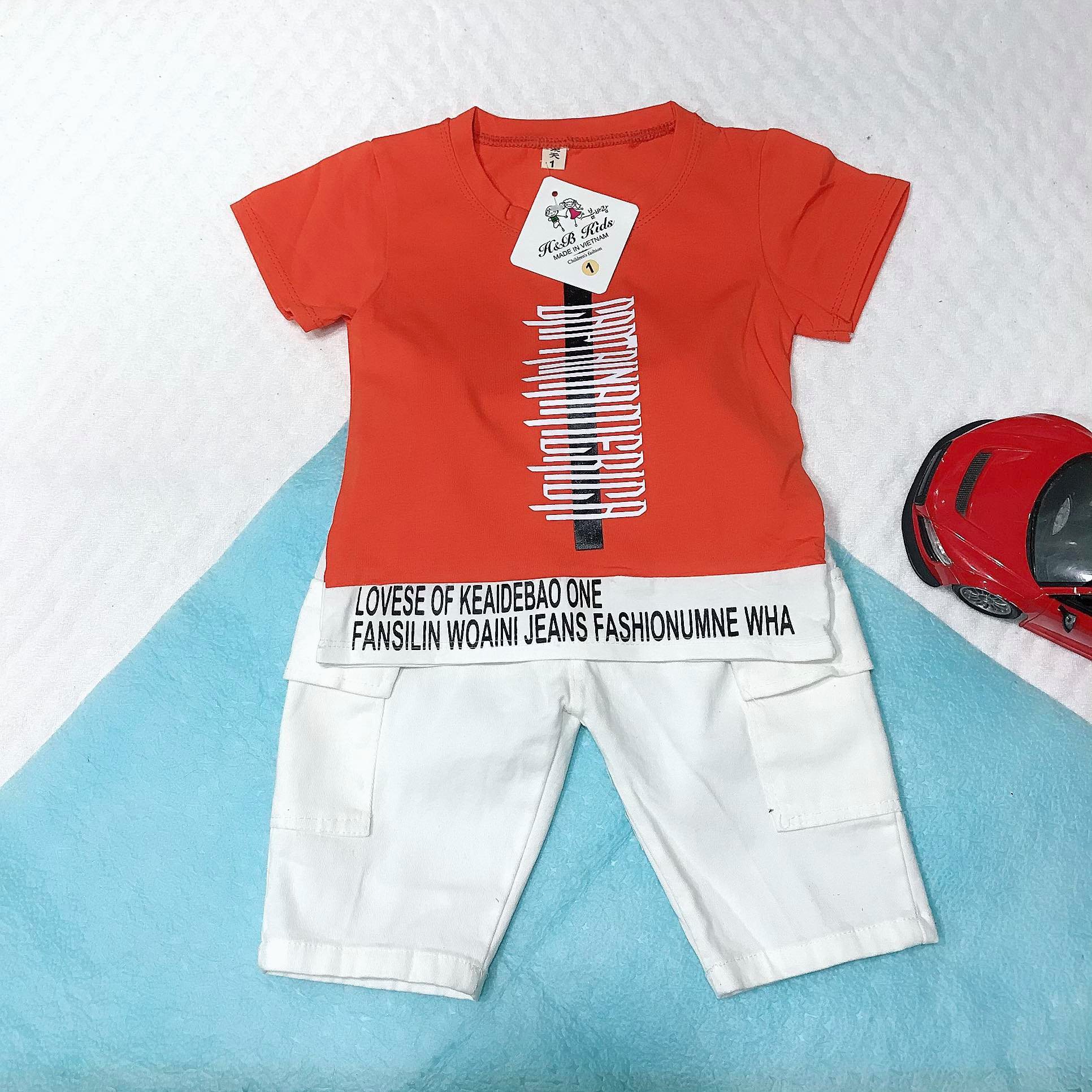 Bộ quần áo bé trai thun cotton 4 chiều áo thun quần kaki in chữ cho bé từ 8kg đến 22kg( màu vàng, cam