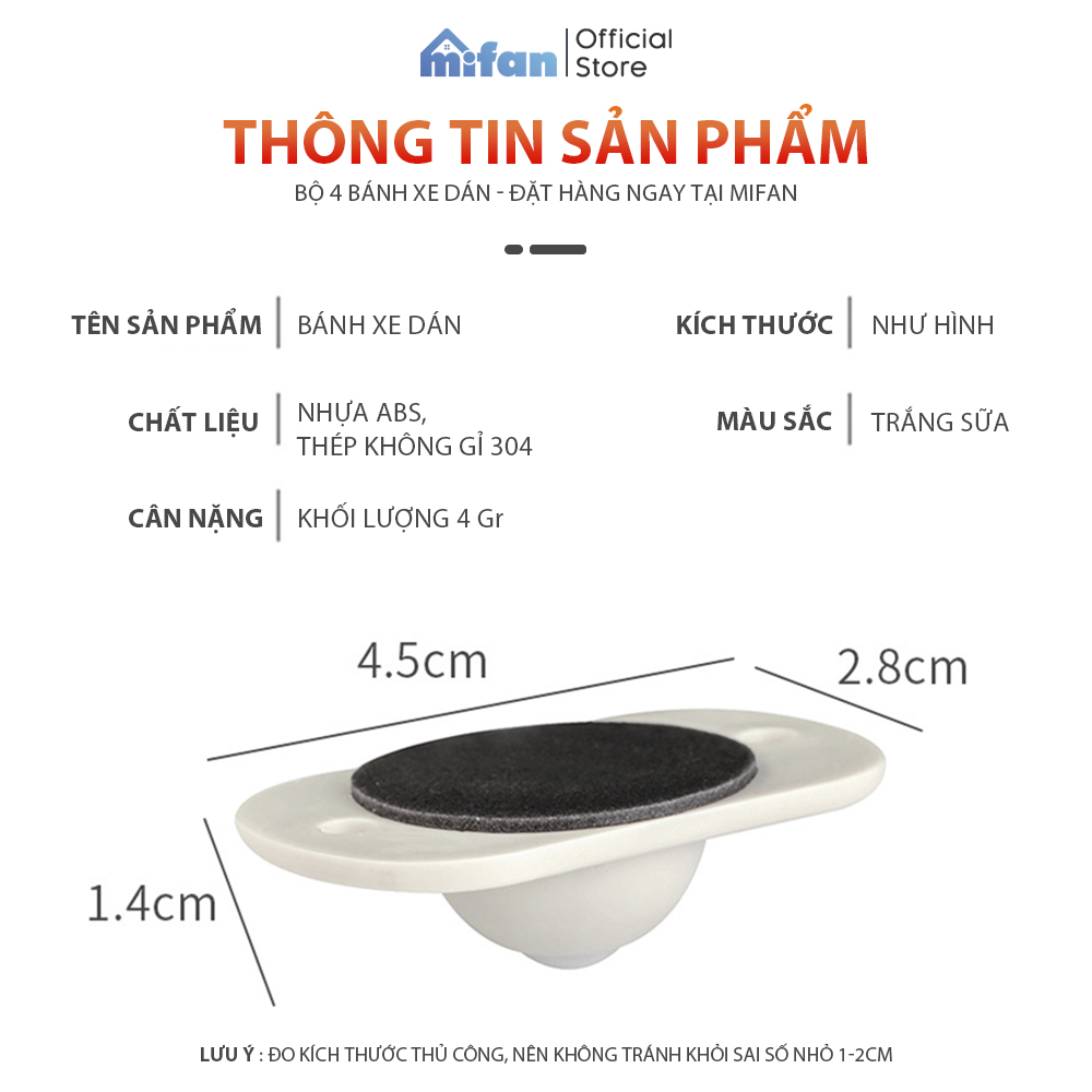 Bộ 4 Bánh Xe Dán MIFAN Di Chuyển Thùng, Hộp - Xoay 360 Độ, Nhựa ABS Siêu Bền, Chịu Lực