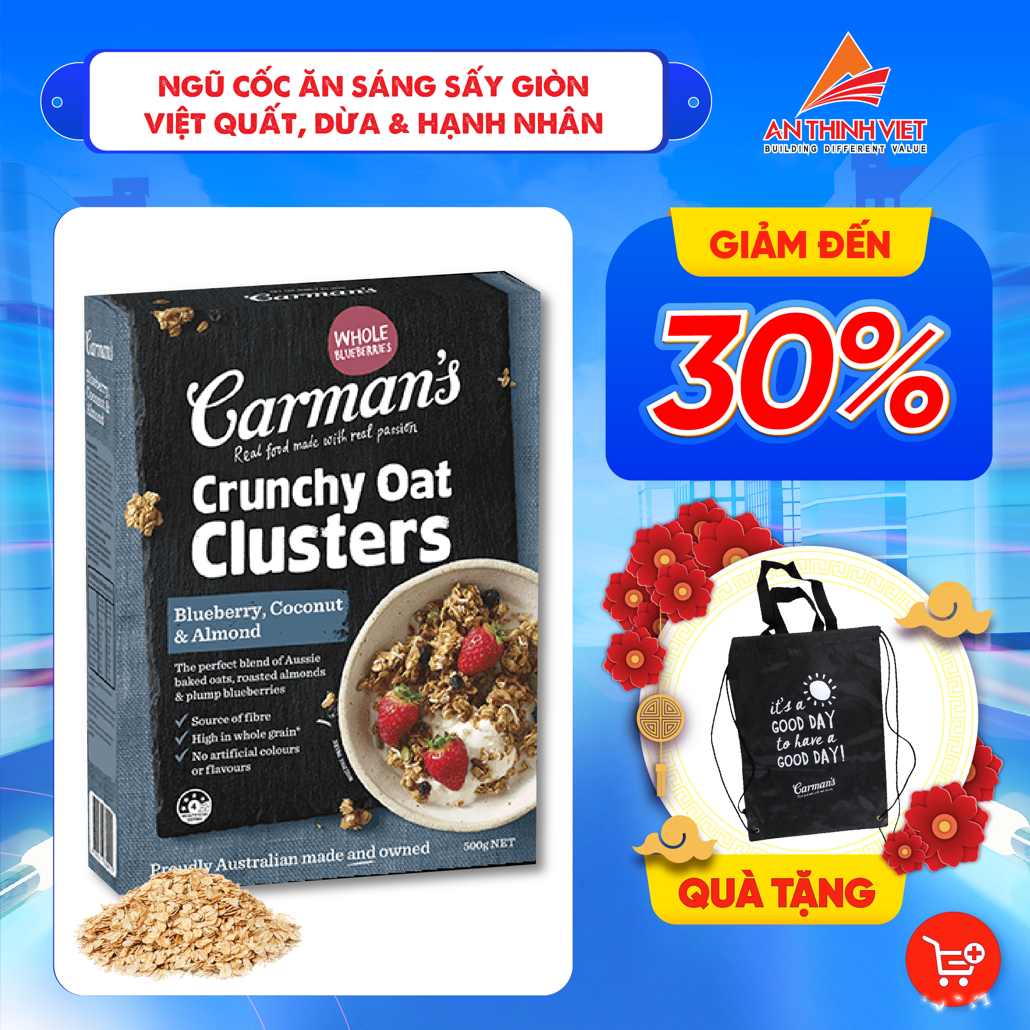 Ngũ Cốc Ăn Sáng Sấy Giòn Việt Quất, Dừa &amp; Hạnh Nhân Carman's - Crunchy Oat Clusters Blueberry, Coconut &amp; Almond  Hộp 500g