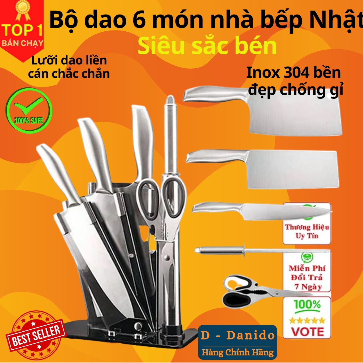 Bộ dao kéo Nhật inox 6 món đúc nguyên khối cao cấp sử dụng cho nhà bếp, kháng khuẩn tốt - tặng kèm bộ để dao thớt Chính hãng D Danido