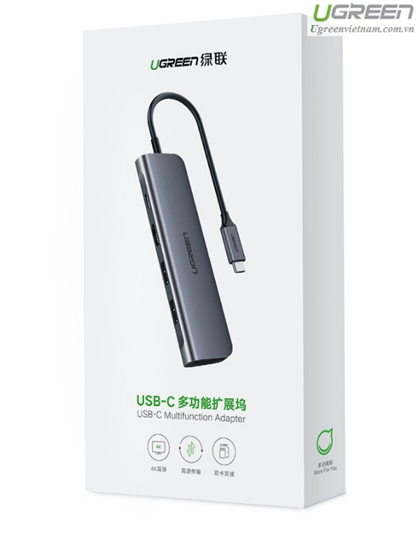 Bộ chuyển đổi TYPE C sang 2 USB 3.0 + HDMI + SD TF + nguồn Ugreen 70411-Hàng chính hãng
