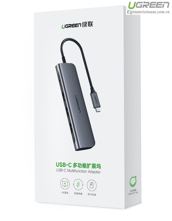 Bộ chuyển đổi TYPE C sang 2 USB 3.0 + HDMI + SD TF + nguồn Ugreen 70411-Hàng chính hãng