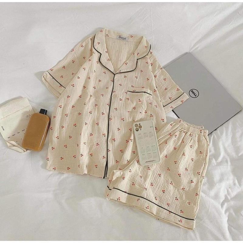 Set bộ ngủ nữ chất đũi nhăn hoạ tiết, bộ đồ mặc nhà nữ chất mát trẻ trung