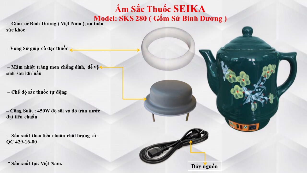 Ấm Sắc Thuốc Seika 2.8L - SKS280 (Gốm Sứ Bình Dương) - Hàng chính hãng