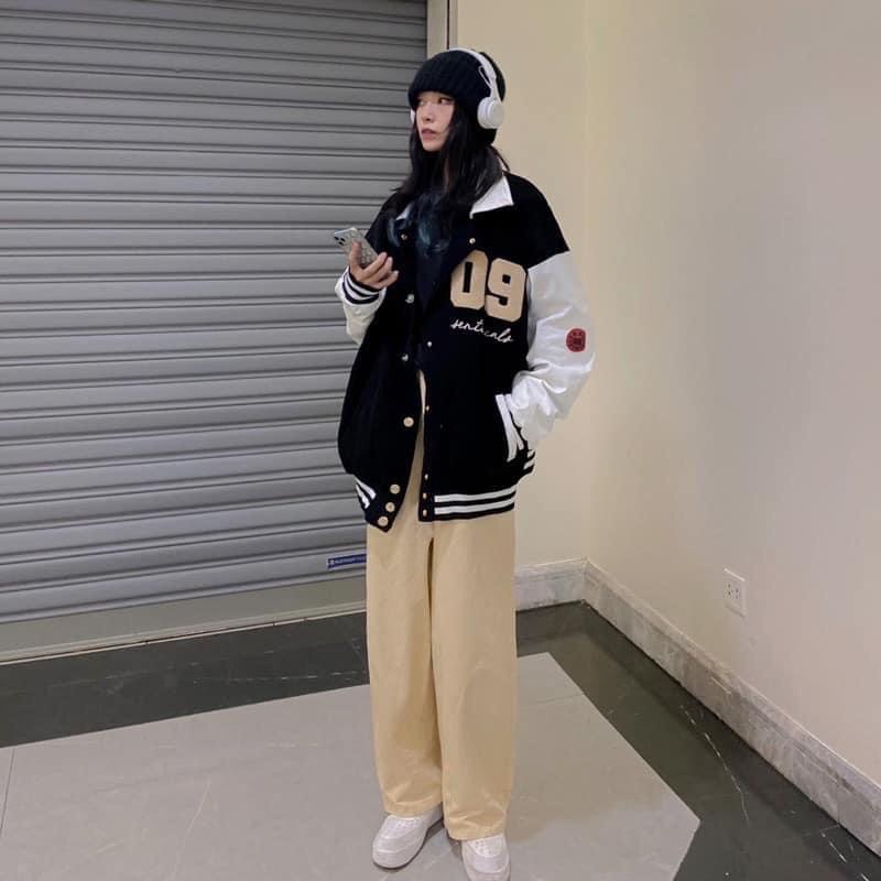 Áo khoác bomber bóng chày cổ sơmi nhung gân 2 lớp thêu số 09 unisex ulzzang nam nữ