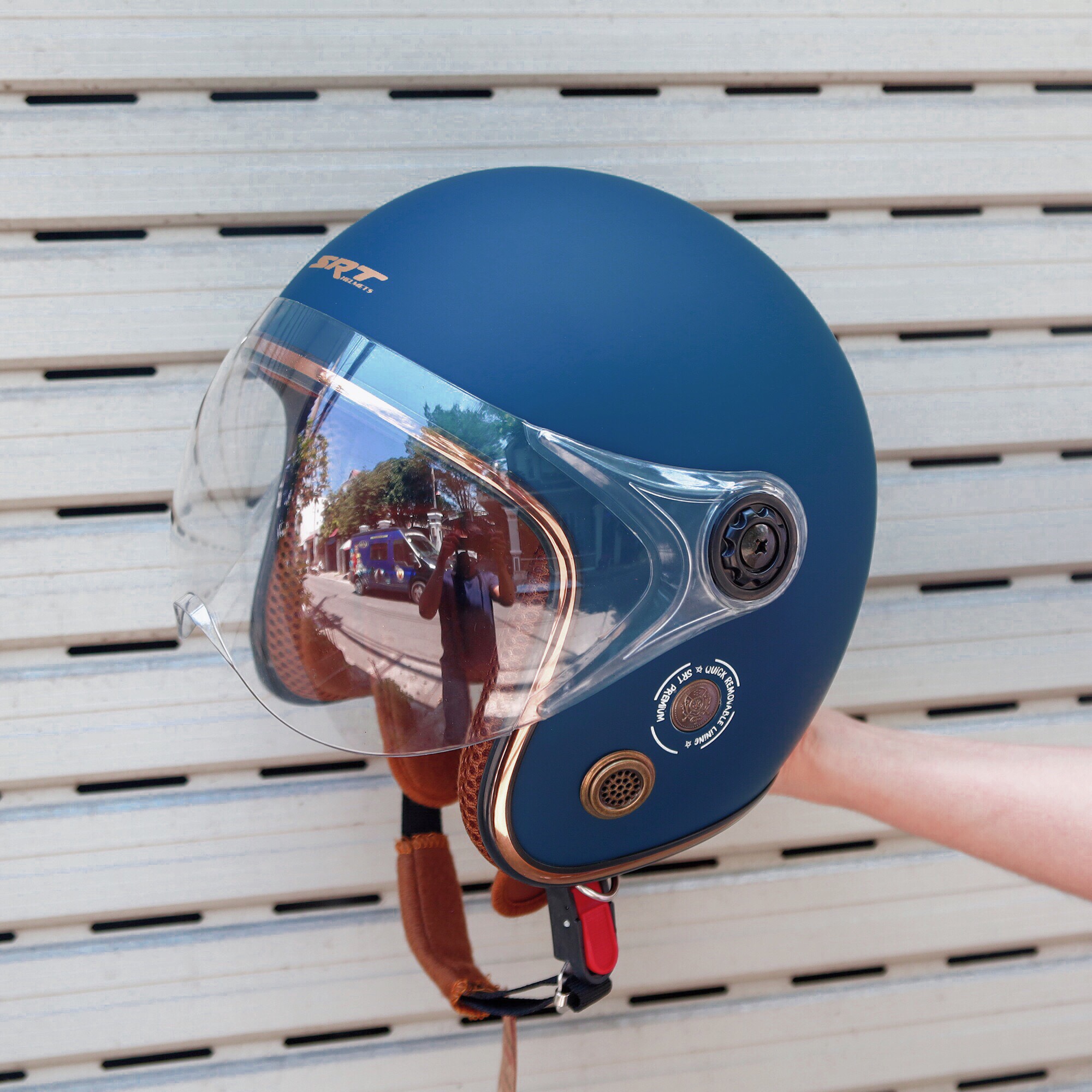 Mũ bảo hiểm 3/4 đầu SRT viền đồng, thông gió có kính chống tia UV cao cấp
