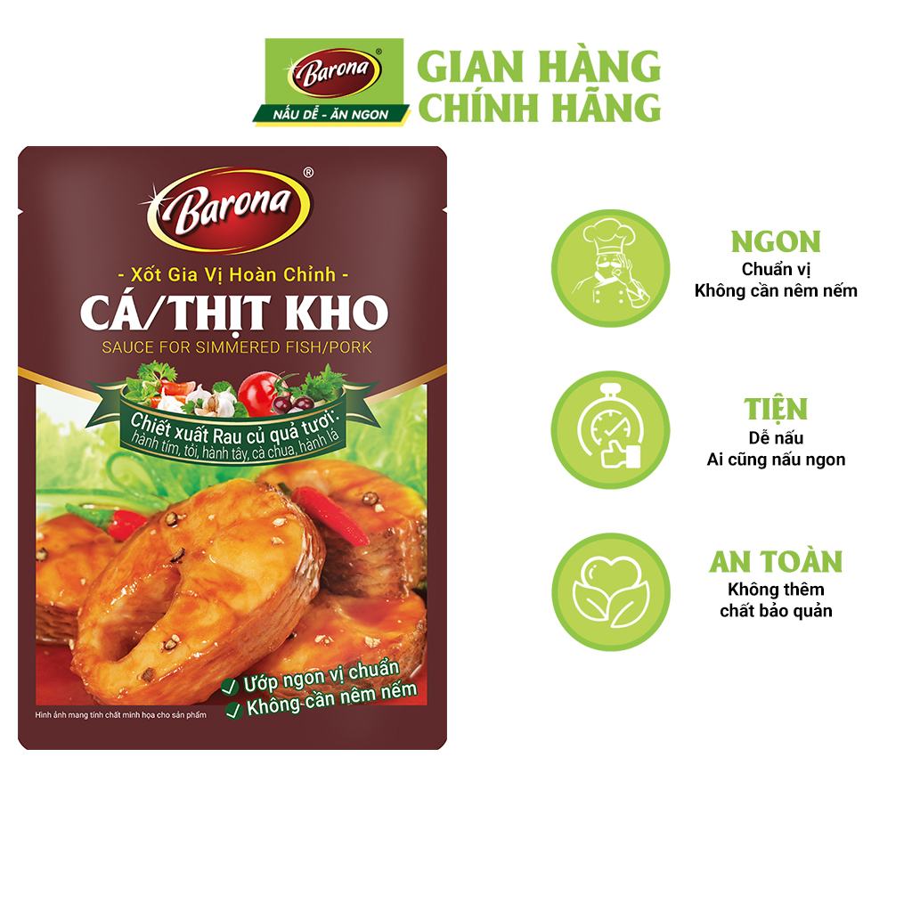 Combo Xốt gia vị hoàn chỉnh Barona: 1 gói Cá/ thịt kho (80gr) + 1 gói Sườn xào chua ngọt (80gr) + 1 gói Canh chua (80gr)