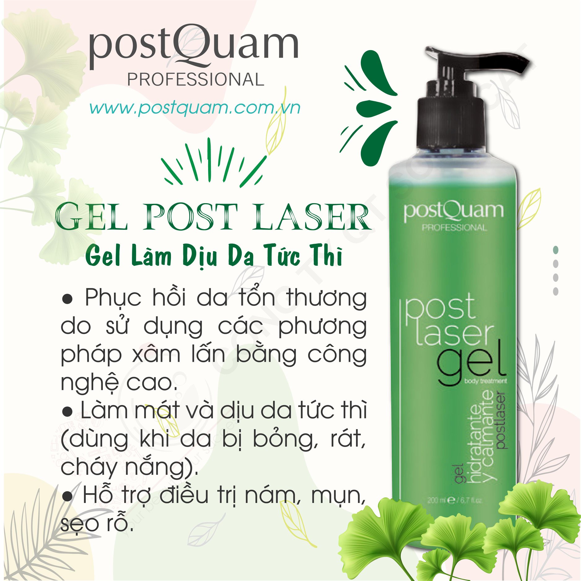 GEL POST LASER Gel Làm Dịu Da Tức Thì ( Dịu Da Sau Laser, Bỏng Rát) - postQuam (200ml)