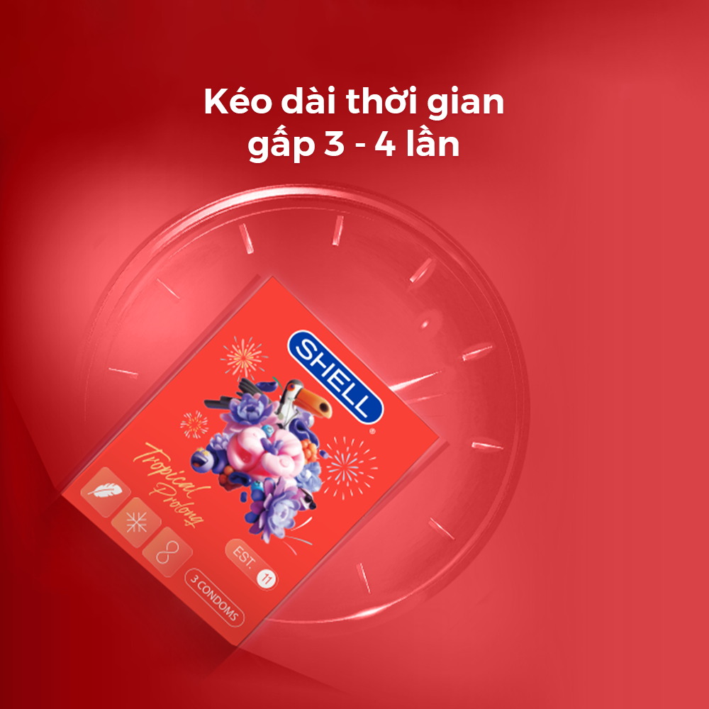 Bao cao su Shell Tropical Prolong kéo dài thời gian, hương hoa quả nhiệt đới - Hộp 3 cái | SHELL CHÍNH HÃNG
