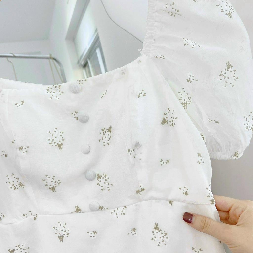 Đầm trắng hoa nhí nút bọc tay voan cổ vuông dáng xòe dự tiệc mẫu thảo nhi shop