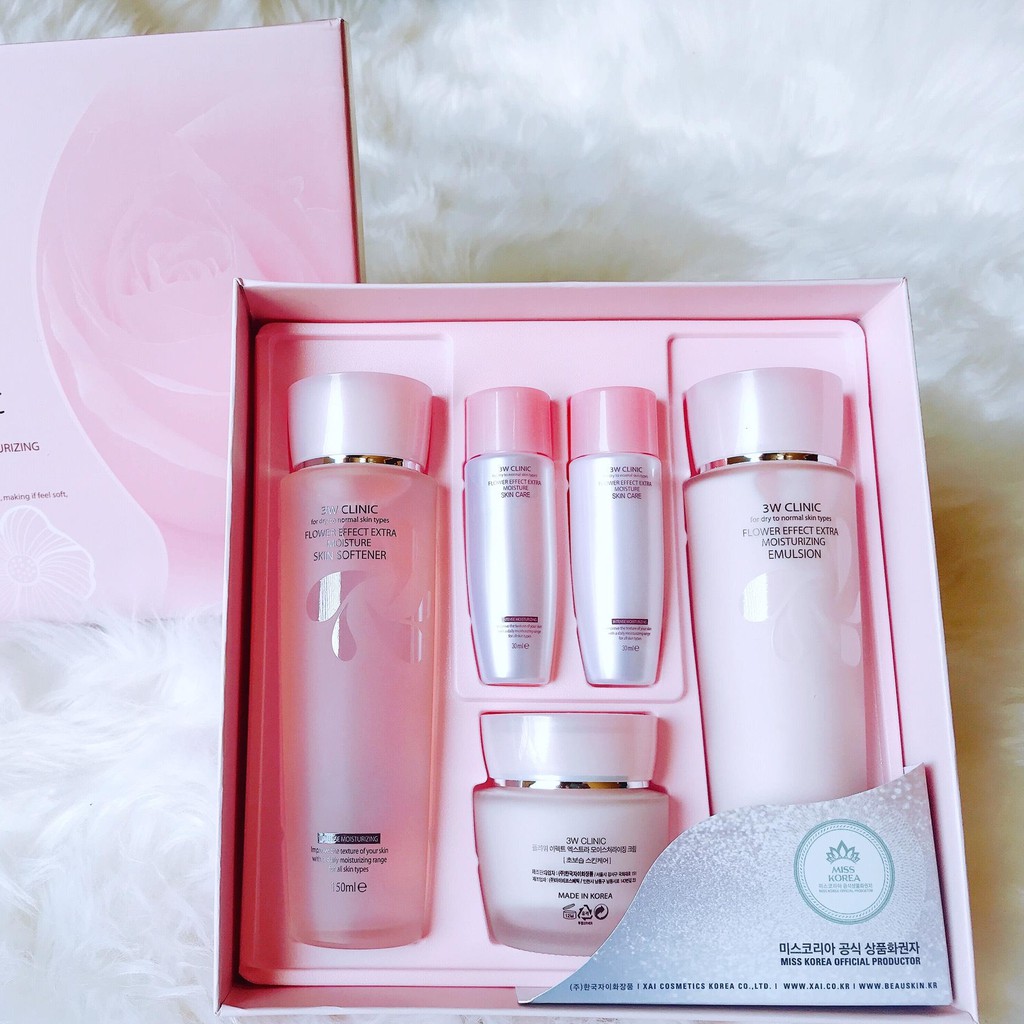 Bộ dưỡng trắng da Chống Lão Hóa Tinh Chất Hoa Hồng 3W Clinic Flower Effect Extra Moisturizing Skin care Set Hàn Quốc