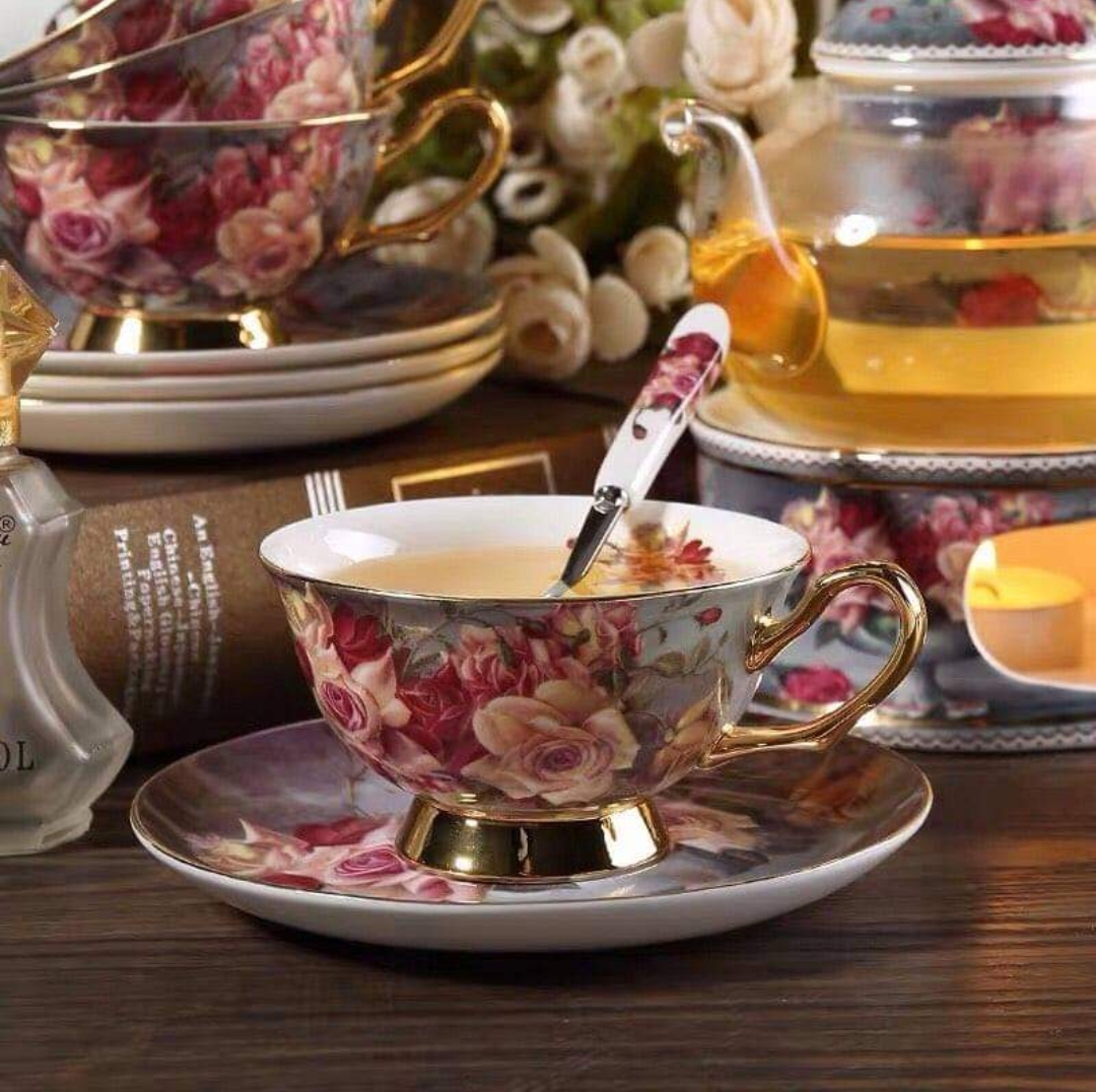 Bộ ấm chén hoa hồng đỏ, sứ xương kèm bếp trâm trà viền vàng cao cấp