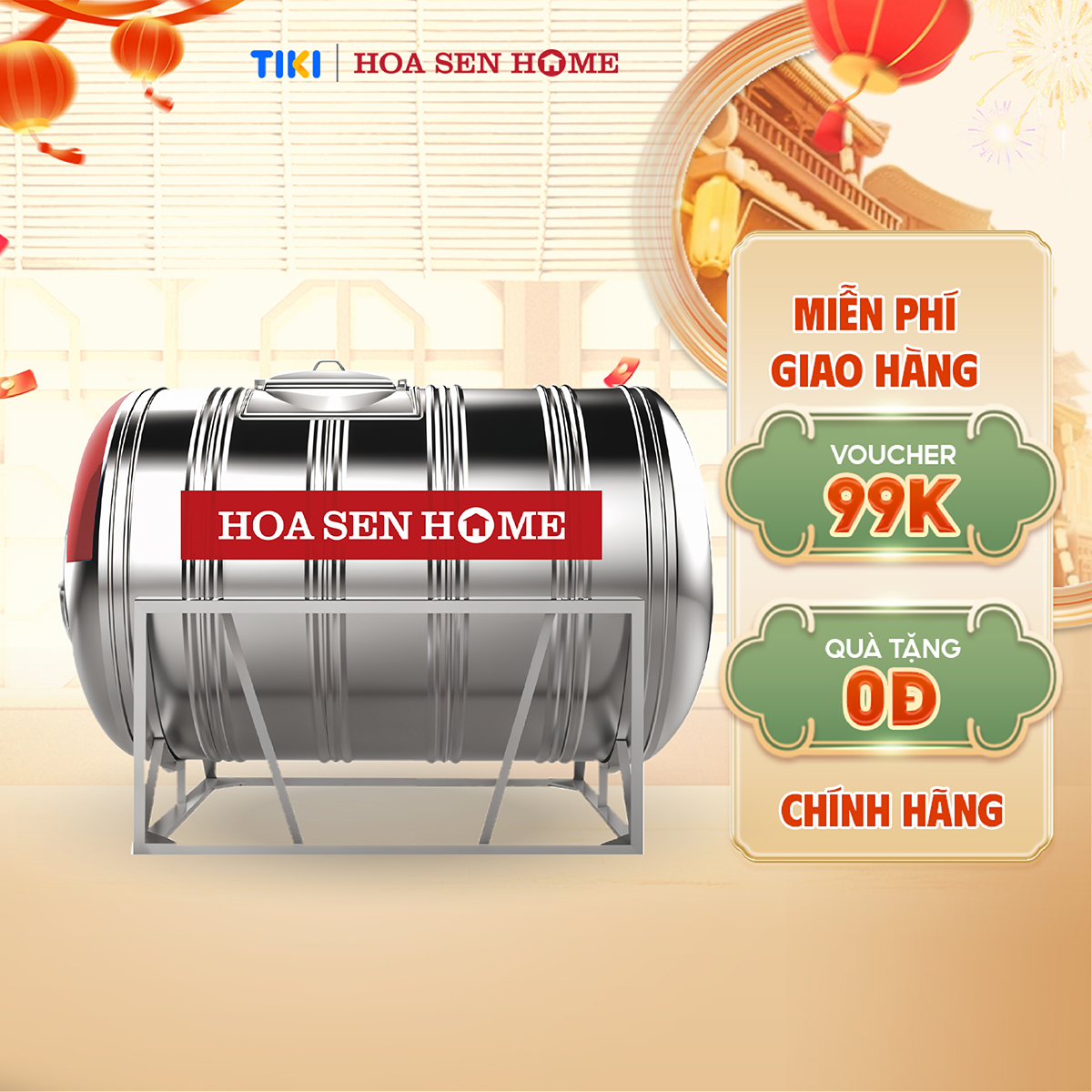 Bộ bồn nước INOX LUSWELL VNDAI ngang dung tích 4000-5000L, chất liệu Inox SUS 304 bền bỉ, công nghệ ghép mí chống rò rỉ - Hoa Sen Home - Hàng chính hãng - MIỄN PHÍ VẬN CHUYỂN