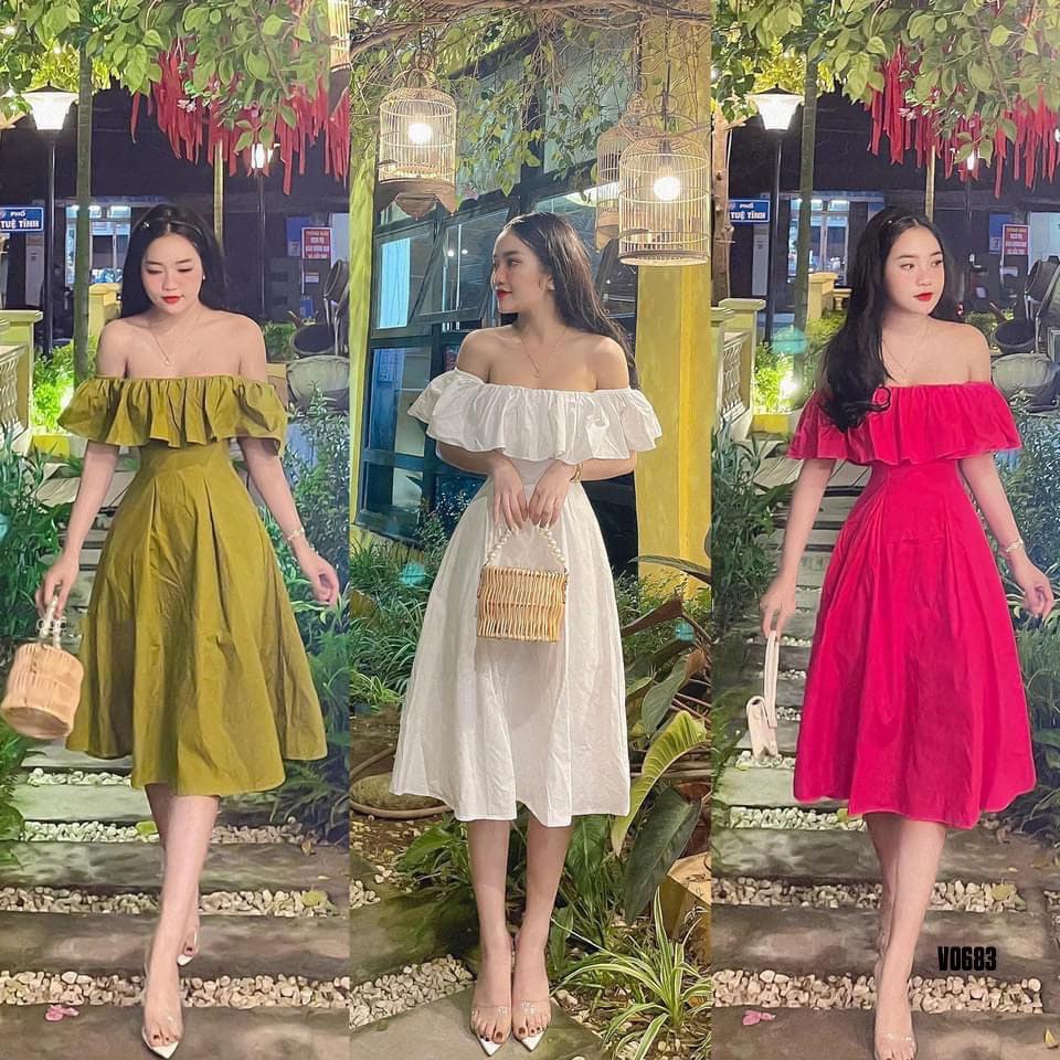 Đầm nữ trễ vai dáng xòe xếp ly, 3 màu sắc sang chảnh, xinh xắn
