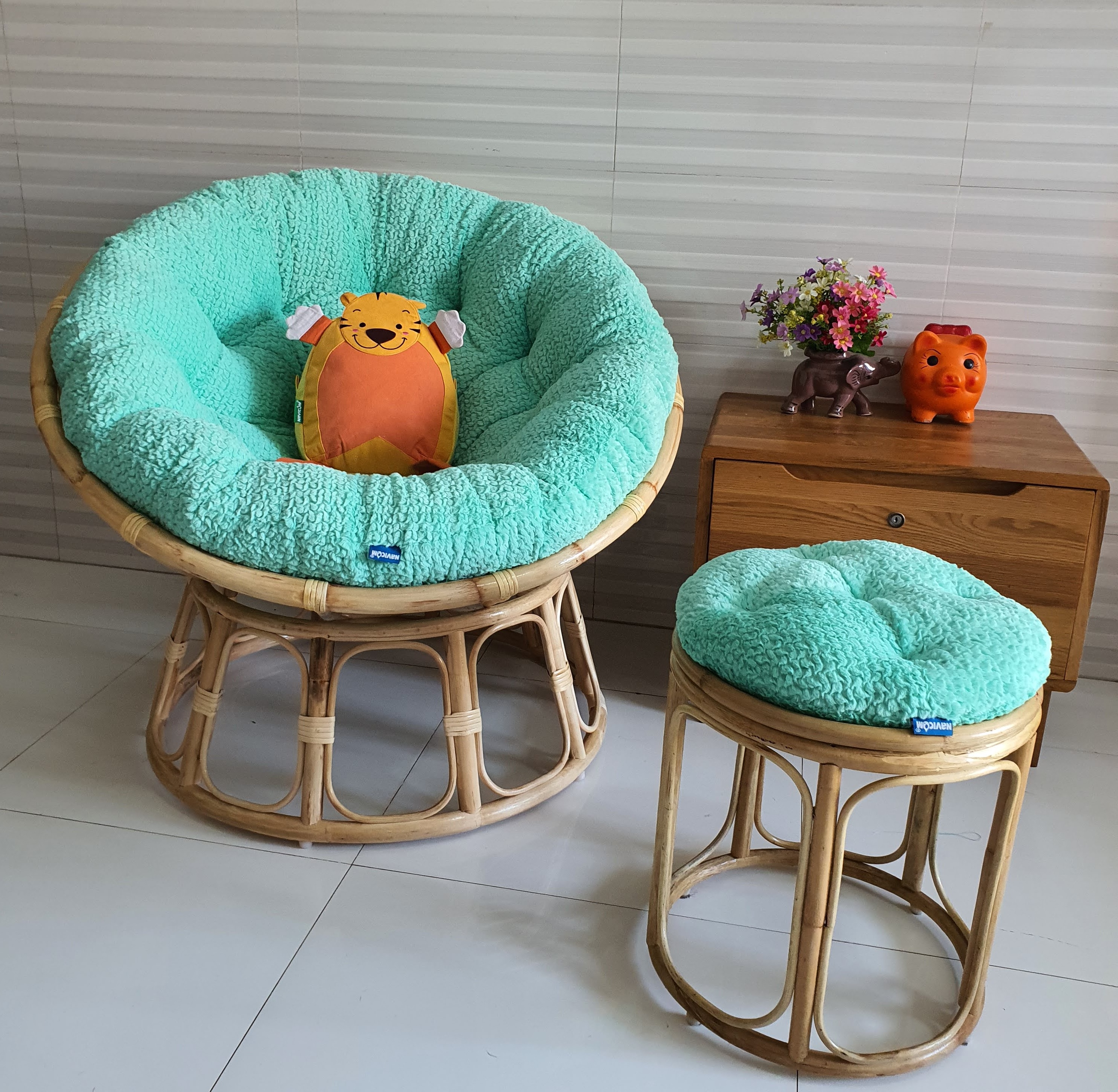 Bộ ghế thư giãn papasan + đôn nhỏ ( Vải nhung cao cấp xanh ngọc)