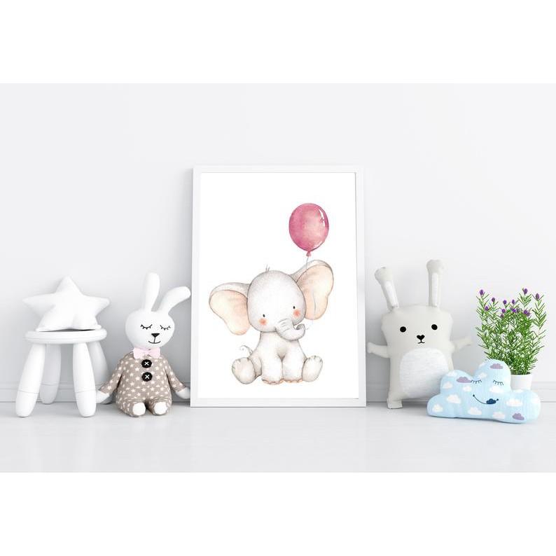 Tranh treo tường | Tranh cho bé-Elephant with Pink Balloon Wall Art for Nursery Decor 25 , tranh canvas giá rẻ