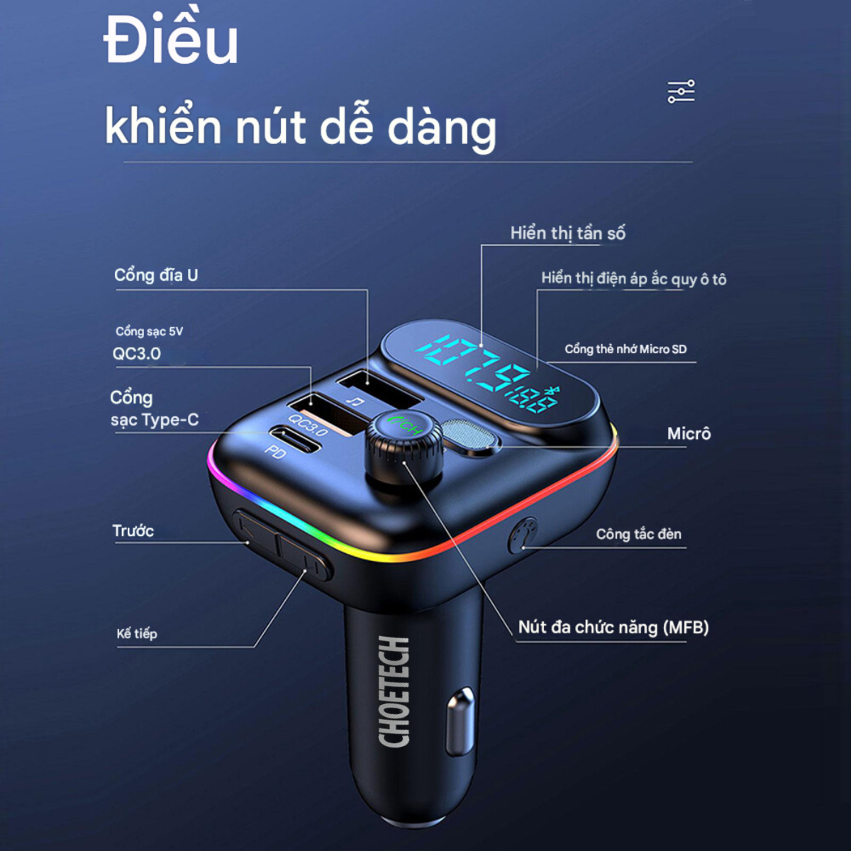Tẩu sạc ô tô Choetech TC0050 tích hợp Bluetooth phát FM sạc nhanh 36W - Hàng chính hãng