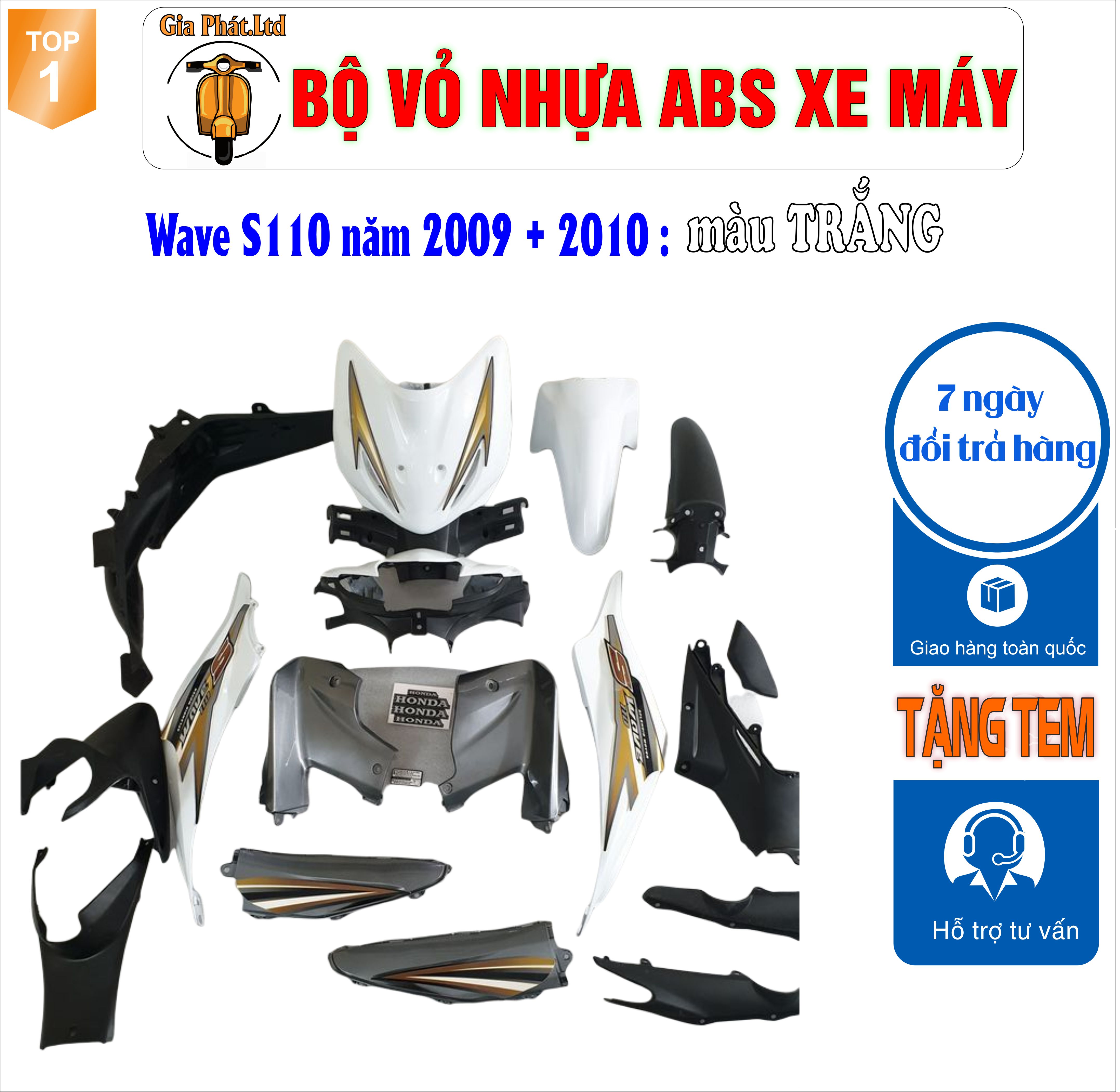 Bộ dàn áo xe WAVE S110 - RS110 màu TRẮNG, nhựa ABS nguyên sinh- TKB-546-8032