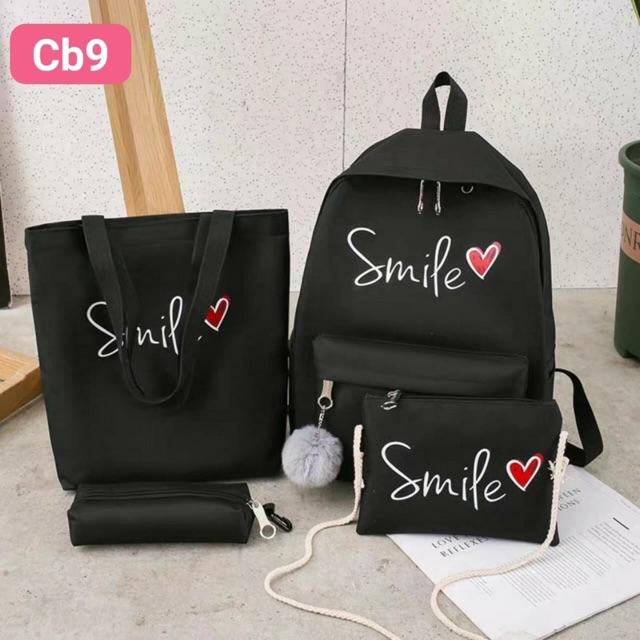 Balo thời trang, balo đi học, đựng laptop Balo Set 4 Món Smile balo nữ vải