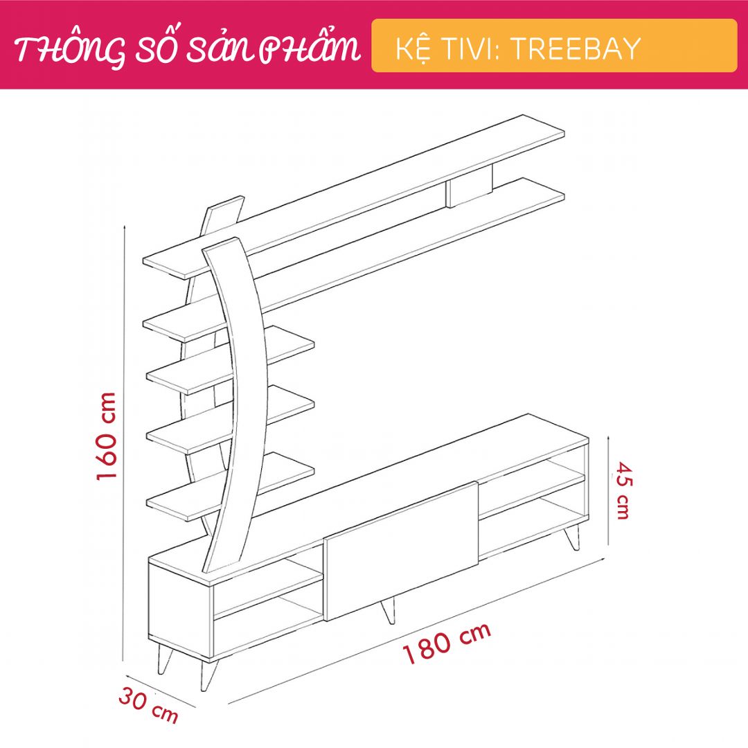 Kệ tivi gỗ hiện đại SMLIFE Treebay | Gỗ MDF dày 17mm chống ẩm | D180xR30xC160cm