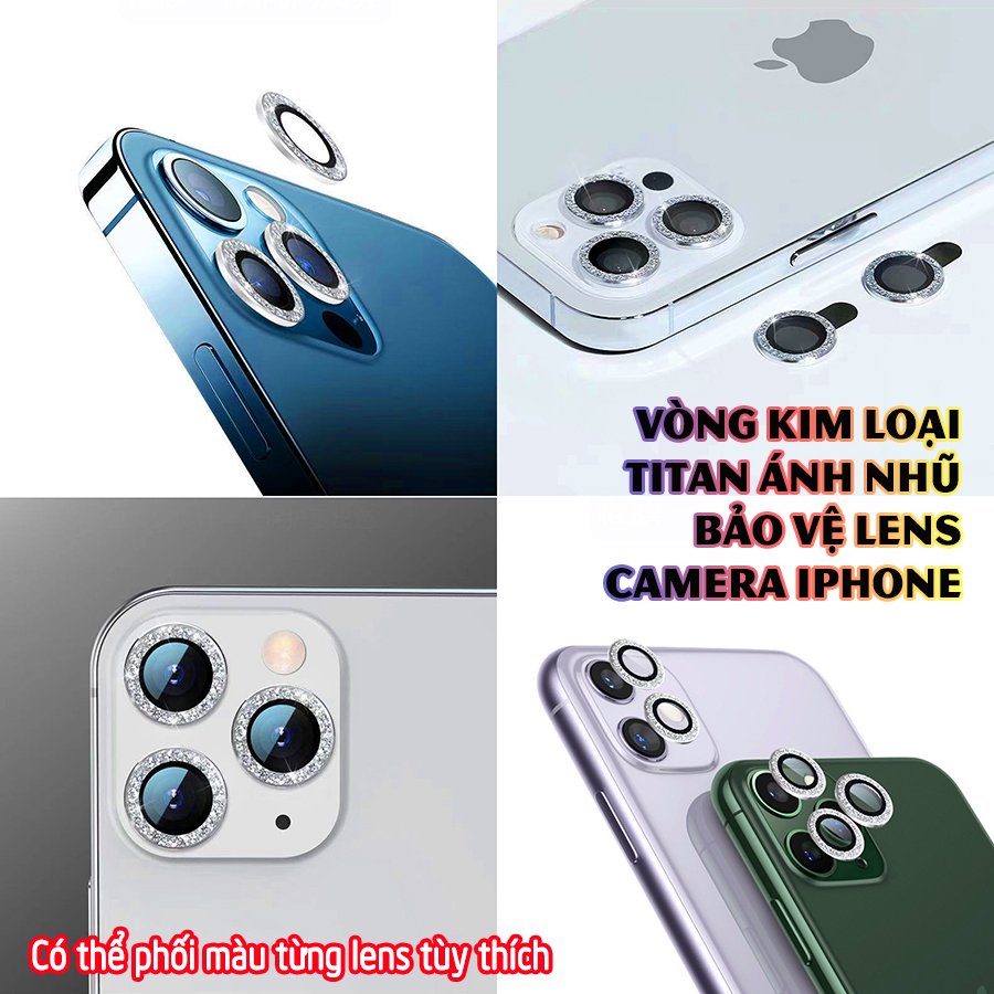 Tặng hộp đựng lens cao cấp - Vòng kim loại titan ánh nhũ bảo vệ lens camera dành cho dòng iphone 11/iphone 12 - Nhũ Gold