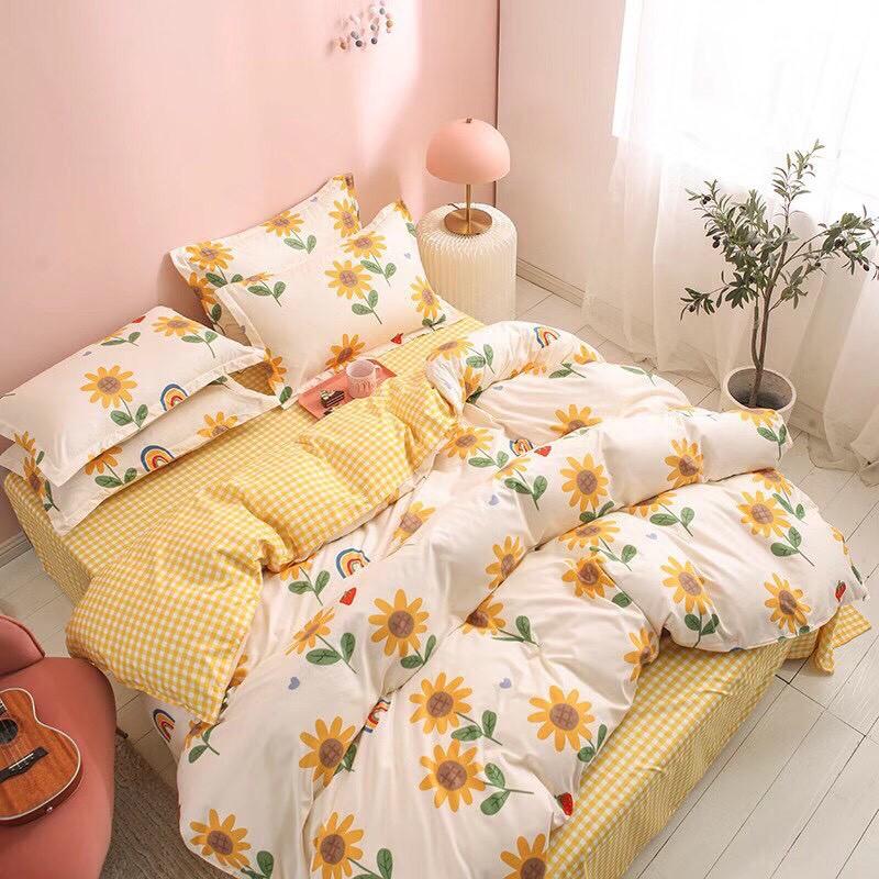 Bộ chăn ga Cotton Poly hoa vàng phối caro mẫu mới - Hàng nhập khẩu