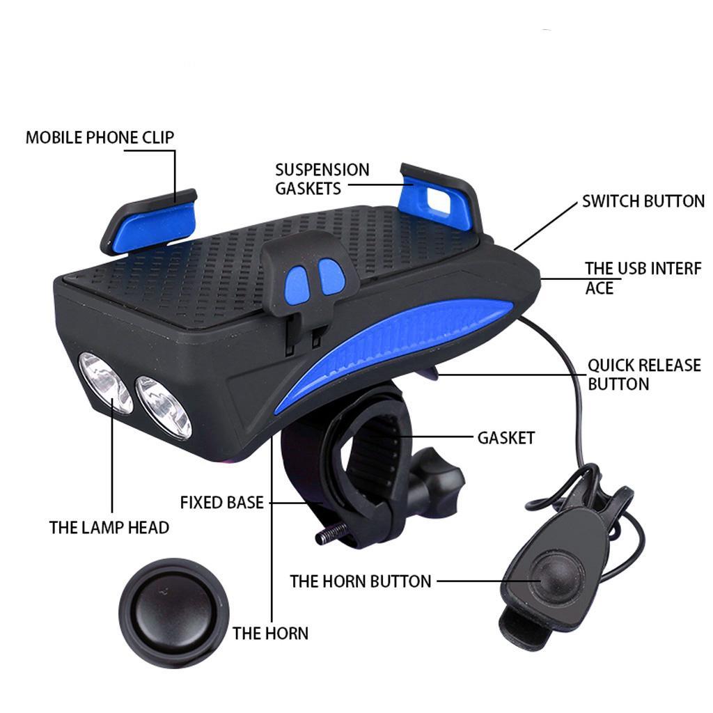 4-in-1 Bike Headlight Horn Hooter Bell Cycles Phone Holder Bracket