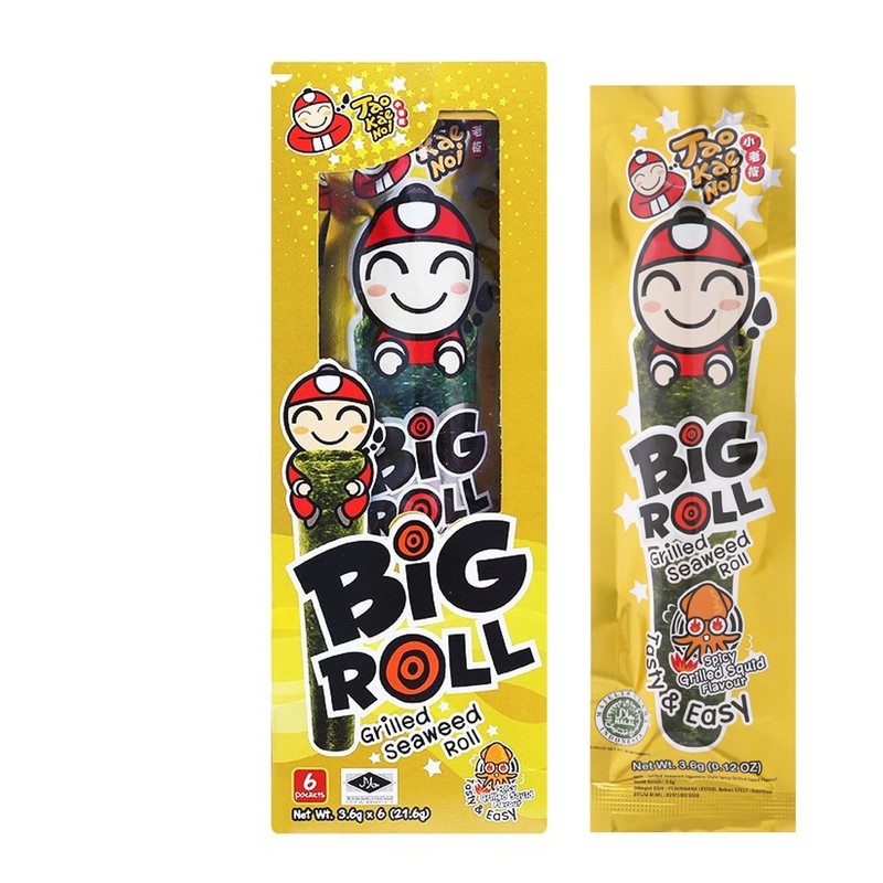 Snack rong biển Tao Kae Noi Big Roll vị Mực 3,6g - Hộp 6 gói