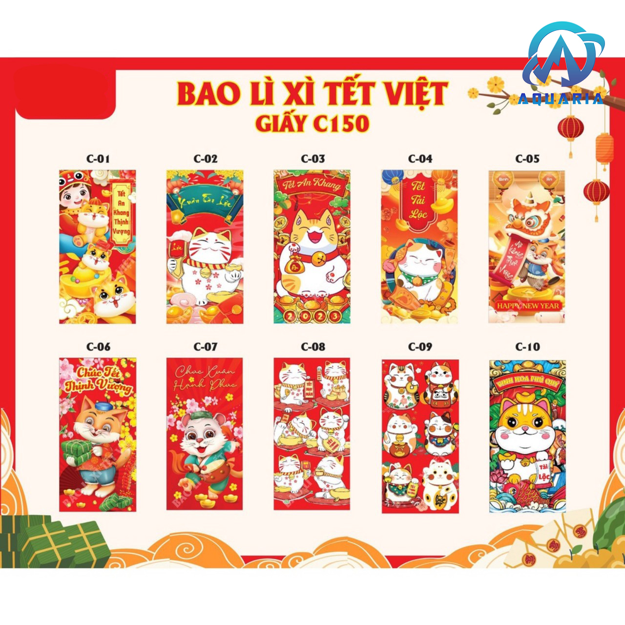 Combo 10 Bao Lì Xì Tết Quý Mão 2023 Họa Tiết Mẫu Đa Dạng Độc Lạ 8cm x 16cm Giấy Couche C150 Dày Dặn Sang Trọng