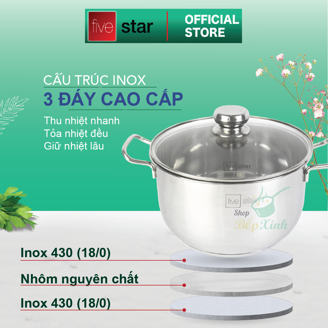 Bộ Nồi xửng hấp từ Fivestar nắp kính - tặng 10 muỗng inox