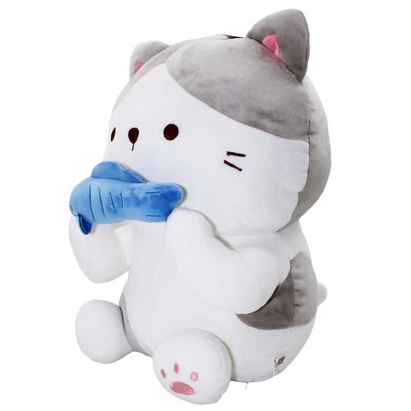 Thú Bông Mèo Trắng Xám Ôm Cá 45 cm - ZooZoo 45340