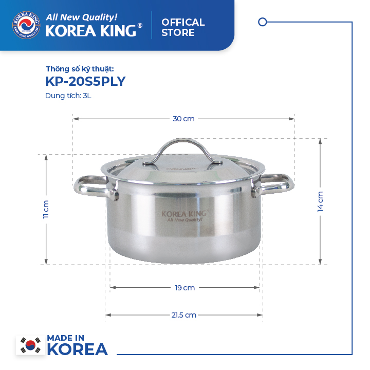 Bộ nồi Inox 5 lớp đáy liền Korea King ( Bộ gồm 4 nồi và nắp bằng inox đường kính 18, 20, 22, 24cm)-Hàng chính hãng