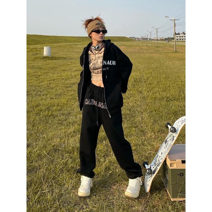 Bộ Áo Hoodie Nỉ Quần Ống Rộng CAROLINAUH Dáng Thể Thao
