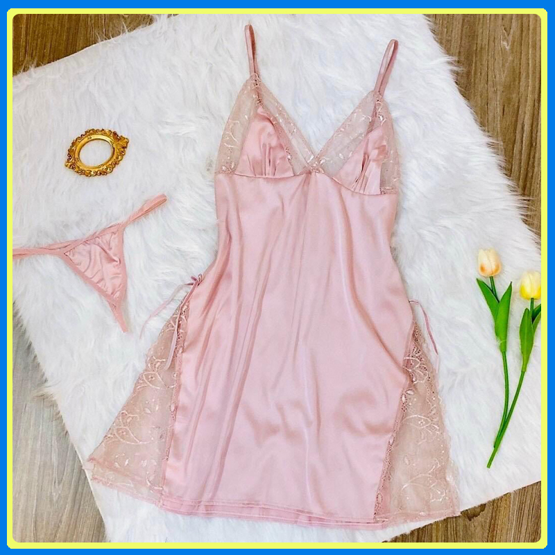 Váy ngủ lụa cao cấp Q06 - Váy ngủ lụa phối ren xẻ tà - Đầm ngủ sexy hai dây gợi cảm- Váy ngủ nữ