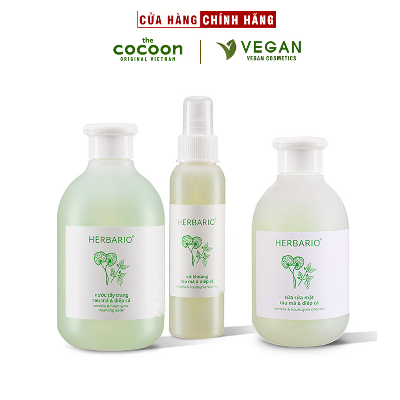 Bộ 3 rau má và diếp cá Herbario chăm sóc da mụn: Nước tẩy trang 300ml + Sữa rửa măt 200ml + Xịt khoáng 100ml