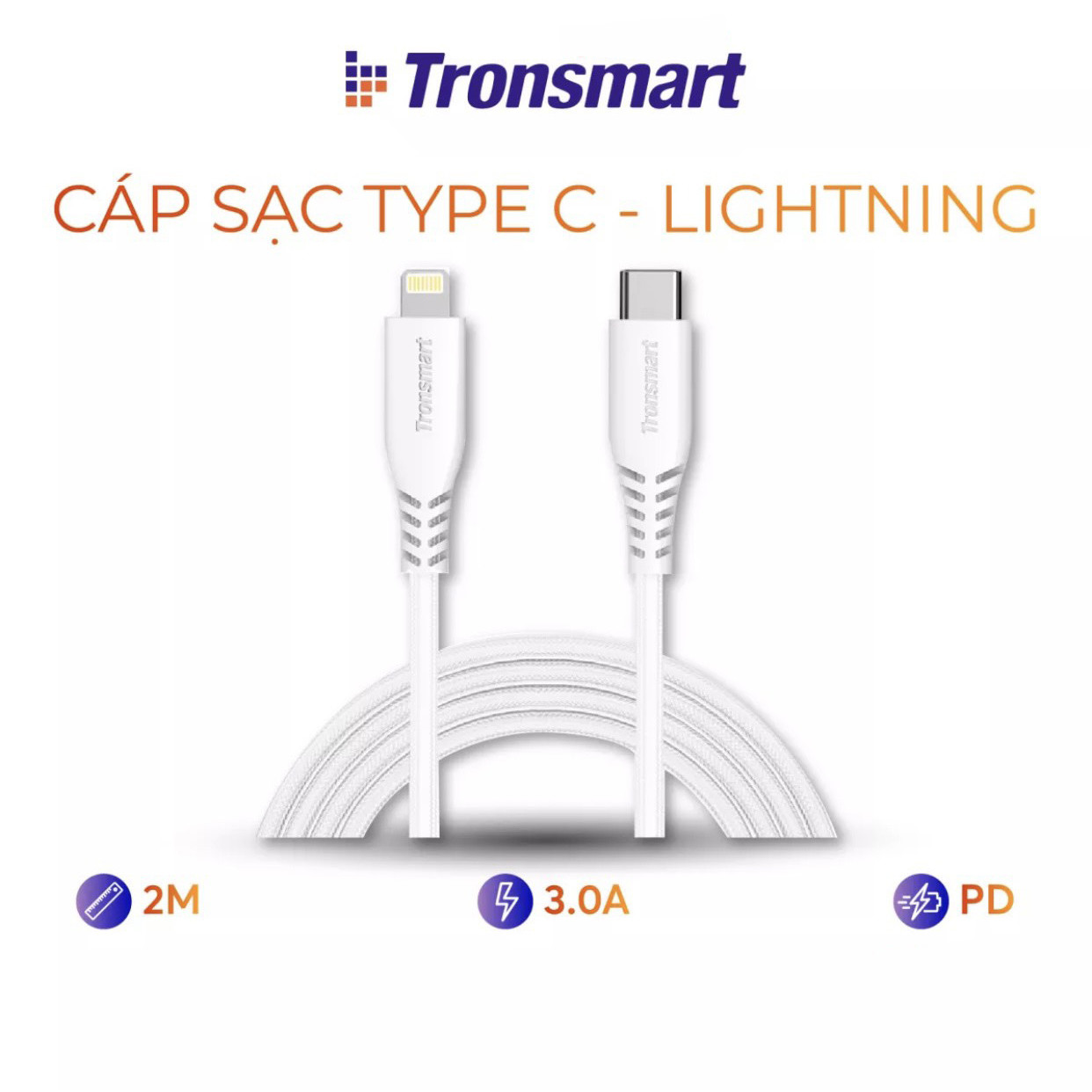 Cáp sạc USB-C sang Lightning nylon bện, hỗ trợ sạc nhanh PD cho các thiết bị iOS của bạn, bao gồm iPhone XS / XS Max / XR, iPhone X / 8/8 Plus Dài 1.2m Tronsmart - Hàng chính hãng