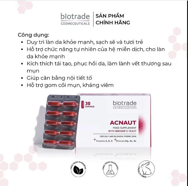 Viên uống giảm mụn đẹp da chống lão hoá Biotrade Acnaut Food Supplement